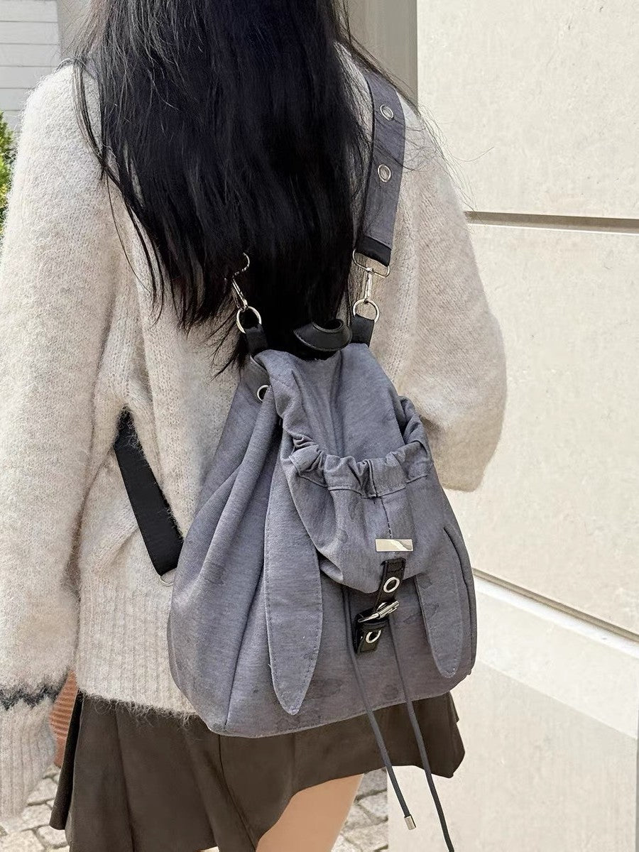 Retro Cute Rabbit Ears Backpack 2025 Niche Design Drawstring Casual Large Capacity Diagonal Backpack
