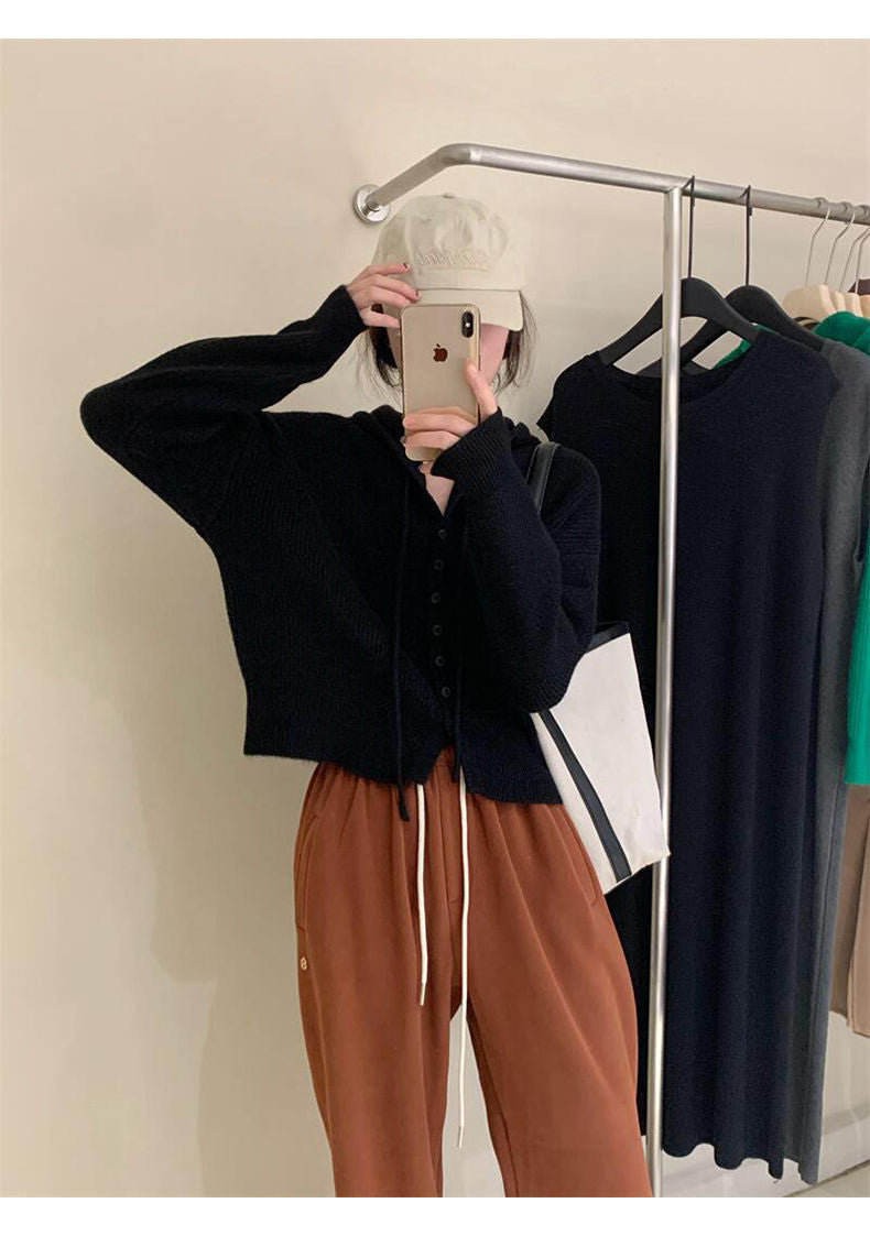 Gentle Style Hooded Knitted Cardigan Women's Elegant Top Loose Sweater Shawl Outer Single-Breasted Casual Sweatshirt