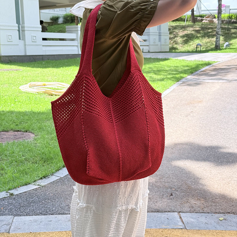 Summer Lazy Style Large-Capacity Hollow-Out Knit Bag for Women, Versatile and Stylish with a High-End Feel, Vacation Style