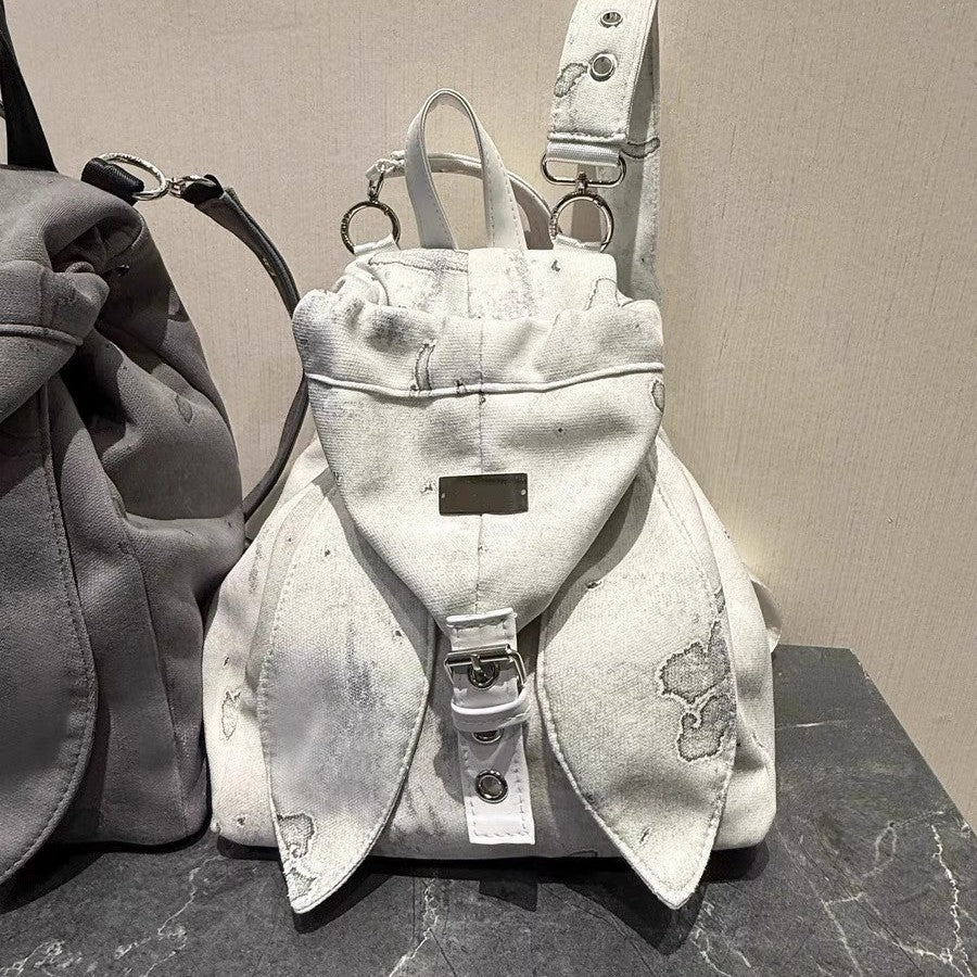 Retro Cute Rabbit Ears Backpack 2025 Niche Design Drawstring Casual Large Capacity Diagonal Backpack