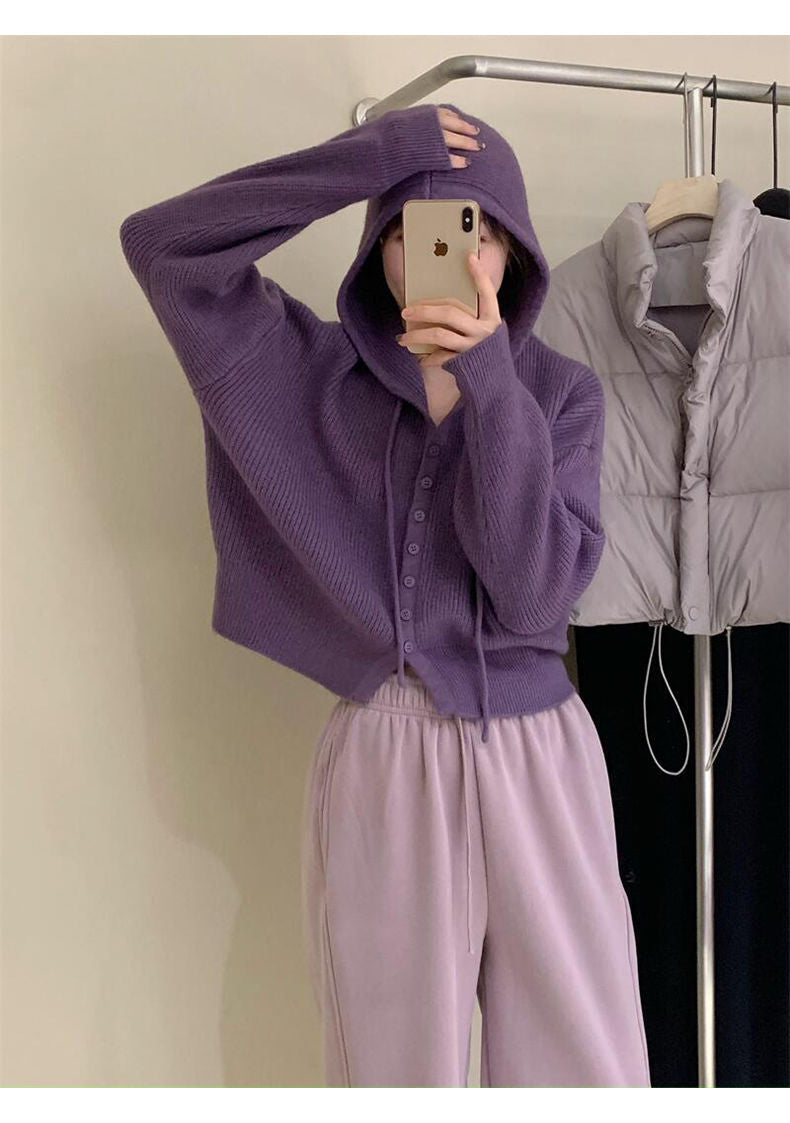 Gentle Style Hooded Knitted Cardigan Women's Elegant Top Loose Sweater Shawl Outer Single-Breasted Casual Sweatshirt