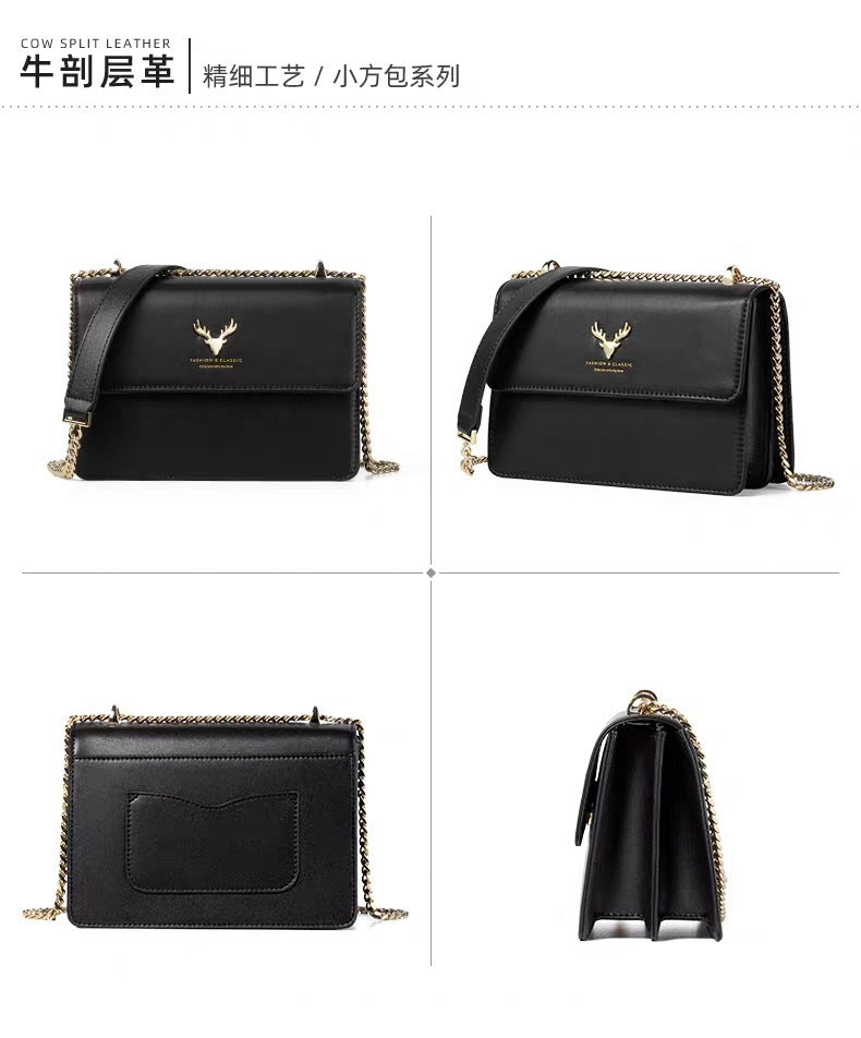 Genuine Leather Chain Small Square Bag 2026 New Model Niche Gift for Girlfriend Fashionable Versatile Deer Head Shoulder Crossbody Women's Bag