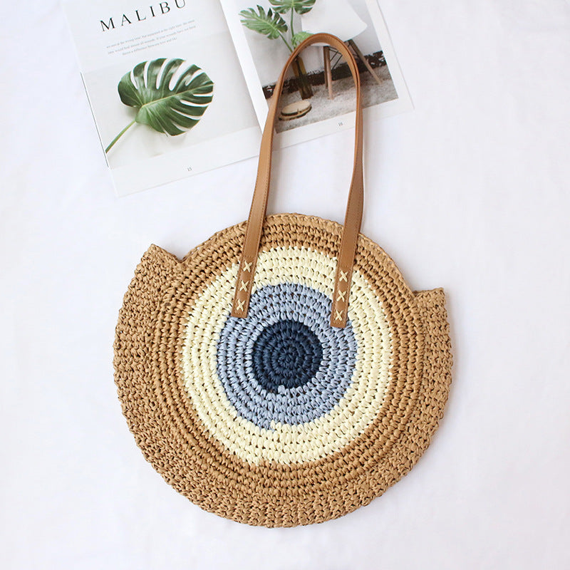 Straw Woven Bag New Shoulder Women's Bag Handmade Woven Straw Bag Beach Bag Color Contrast Fashion All-match Leisure Travel