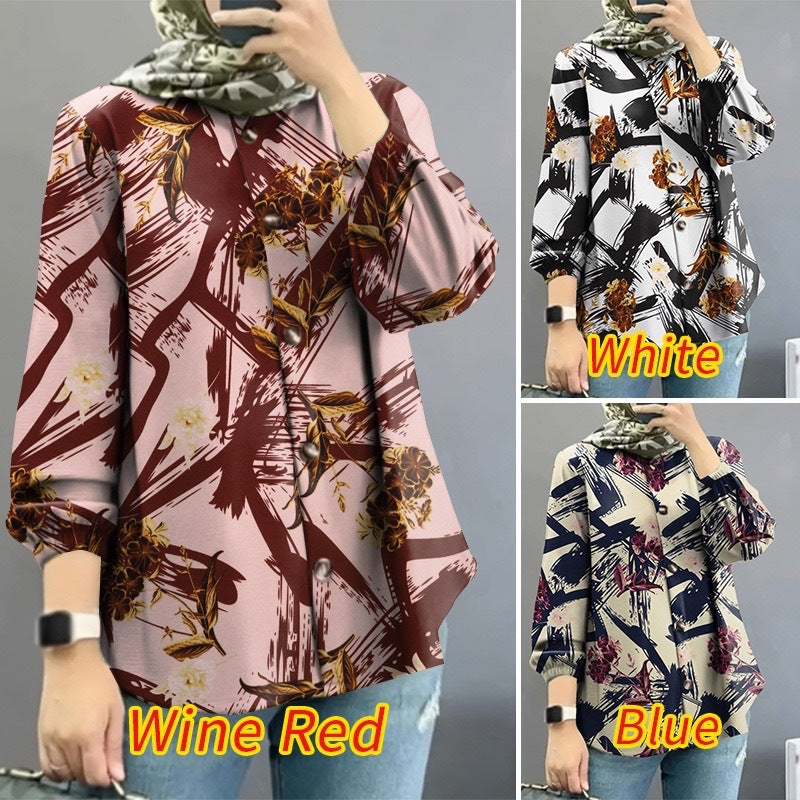 Spot Cross-Border Amazon Middle Eastern Malay 2025 New Women's Muslim Floral Shirt Fashionable Puff Sleeves