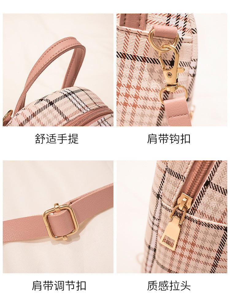 Small School Bag 2024 Korean Style Fashionable Small Backpack Satchel Shoulder Crossbody Bag Contrasting Color Mobile Phone Bag Pu Plaid Backpack