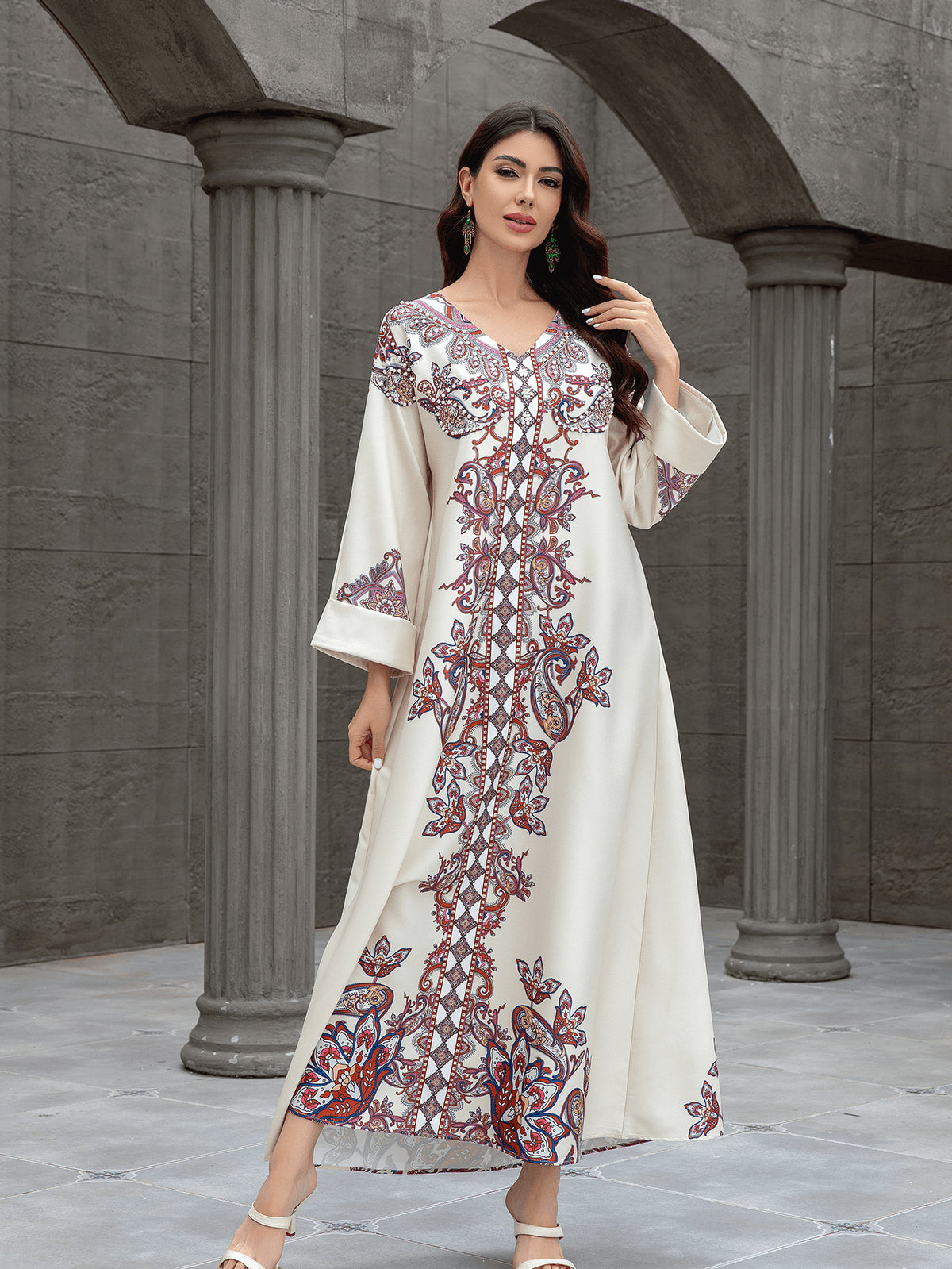 Sw0826 Middle East Cross-Border Muslim Women's Robe Elegant Printed Beaded Dress Dubai Export Abaya