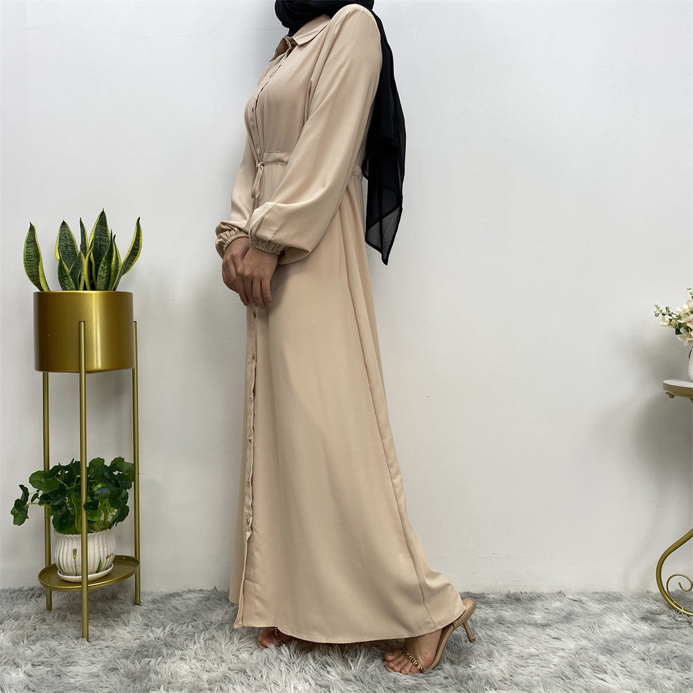 2025 New Fashion Muslim Lapel Cardigan Full Button Slim Drawstring Dress 6289