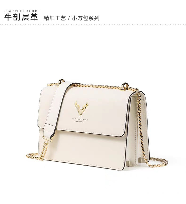 Genuine Leather Chain Small Square Bag 2026 New Model Niche Gift for Girlfriend Fashionable Versatile Deer Head Shoulder Crossbody Women's Bag
