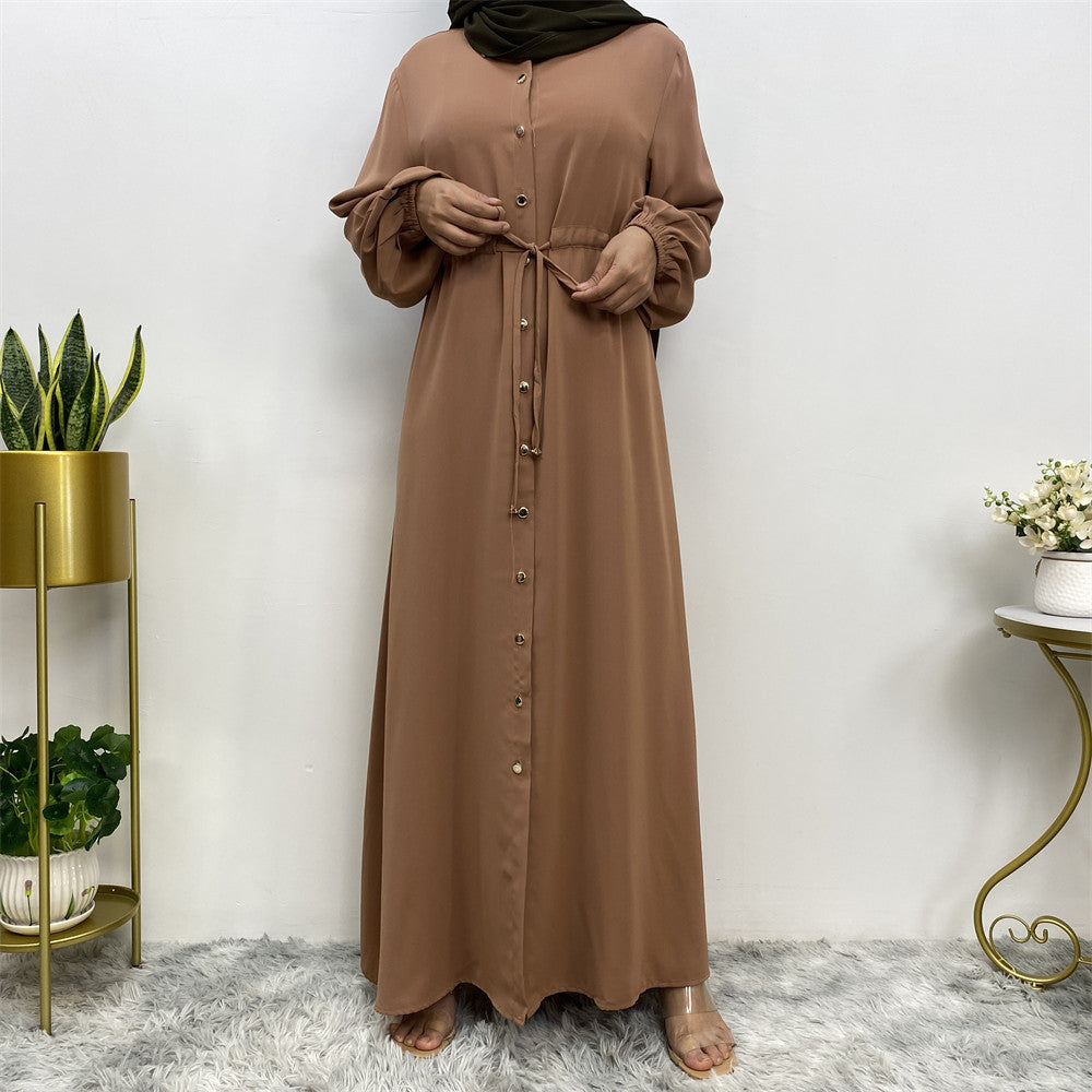 2025 New Fashion Muslim Lapel Cardigan Full Button Slim Drawstring Dress 6289