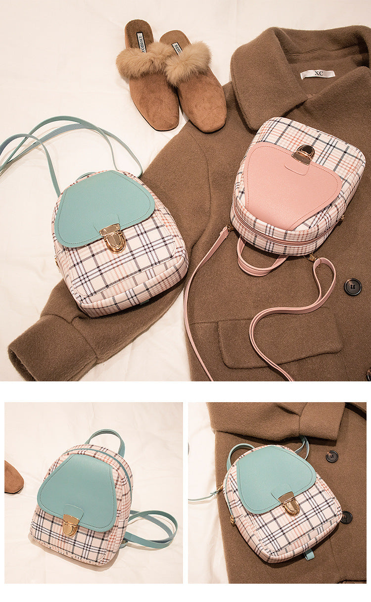 Small School Bag 2024 Korean Style Fashionable Small Backpack Satchel Shoulder Crossbody Bag Contrasting Color Mobile Phone Bag Pu Plaid Backpack