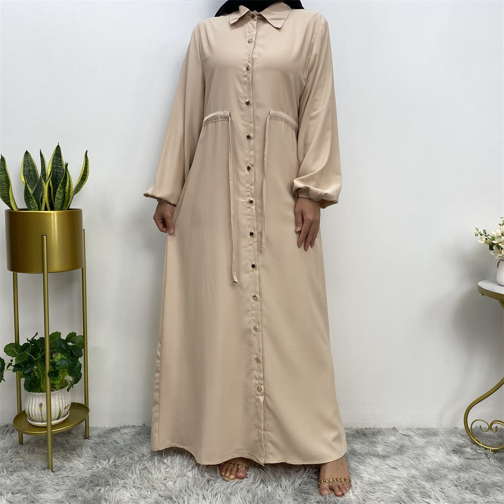 2025 New Fashion Muslim Lapel Cardigan Full Button Slim Drawstring Dress 6289