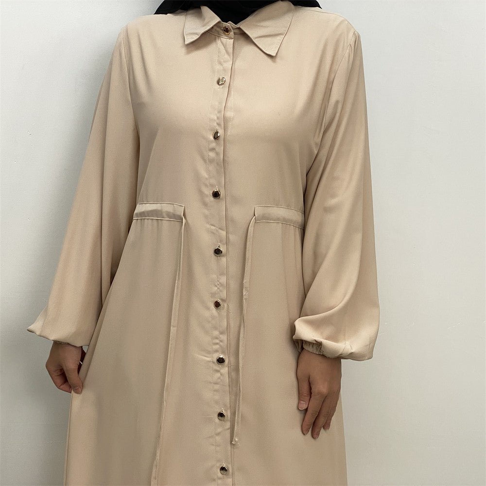 2025 New Fashion Muslim Lapel Cardigan Full Button Slim Drawstring Dress 6289