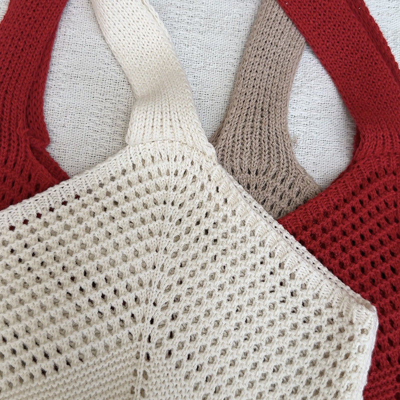 Summer Lazy Style Large-Capacity Hollow-Out Knit Bag for Women, Versatile and Stylish with a High-End Feel, Vacation Style