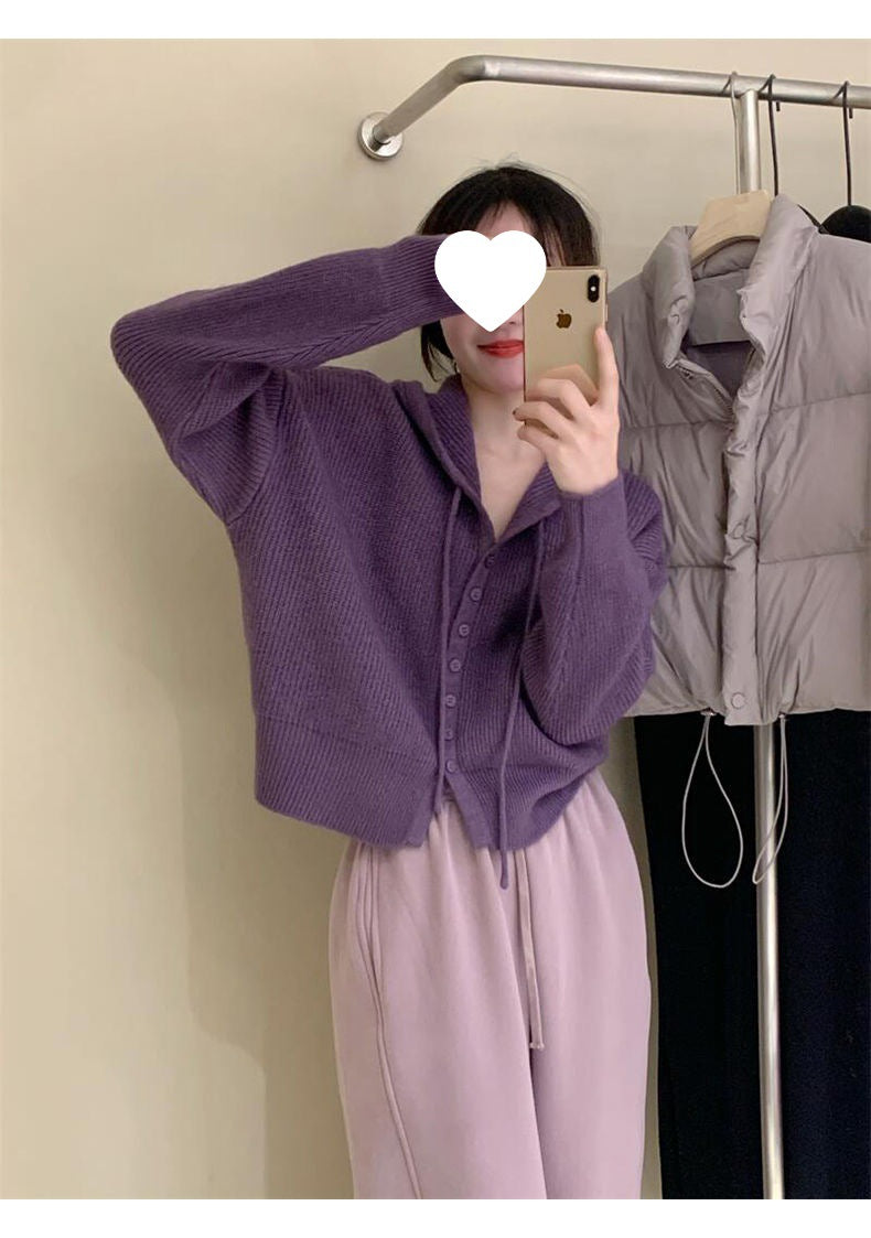 Gentle Style Hooded Knitted Cardigan Women's Elegant Top Loose Sweater Shawl Outer Single-Breasted Casual Sweatshirt