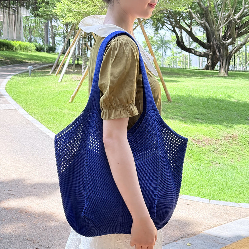 Summer Lazy Style Large-Capacity Hollow-Out Knit Bag for Women, Versatile and Stylish with a High-End Feel, Vacation Style