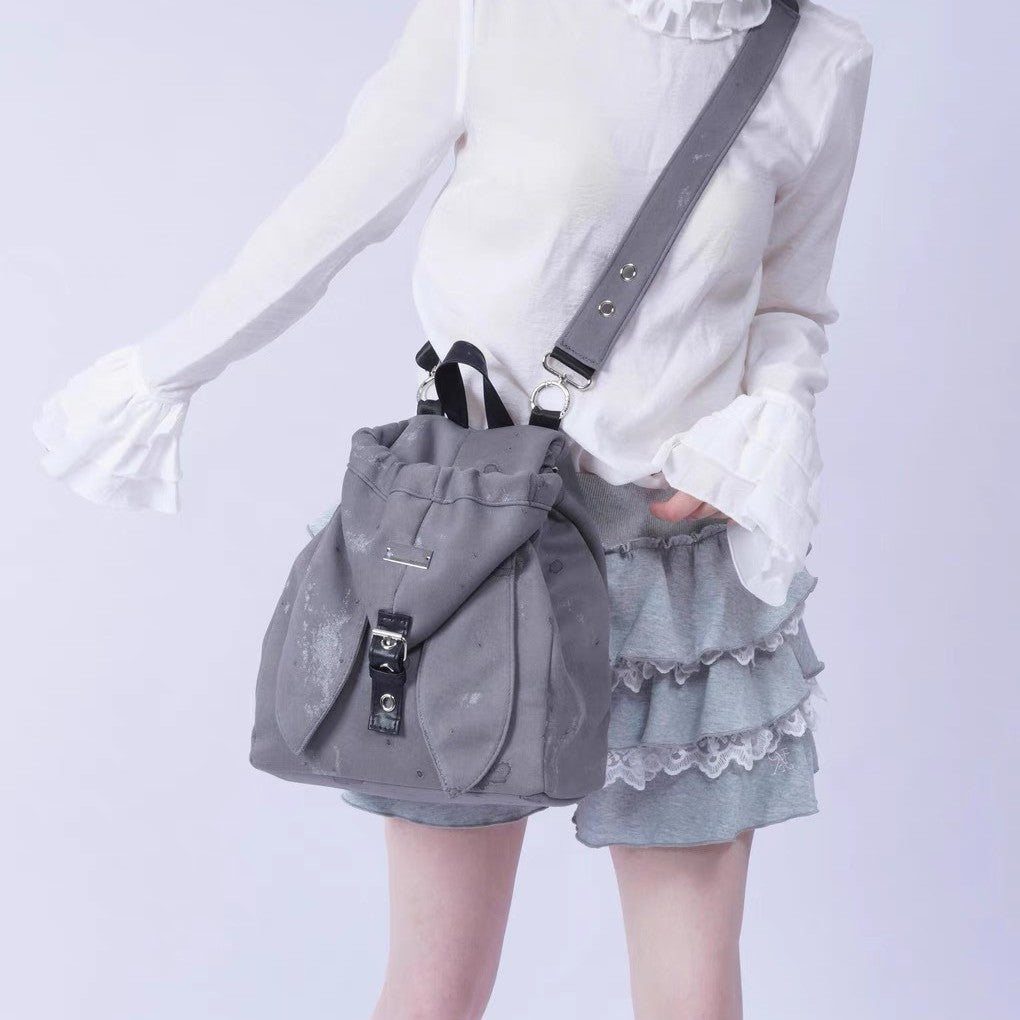Retro Cute Rabbit Ears Backpack 2025 Niche Design Drawstring Casual Large Capacity Diagonal Backpack