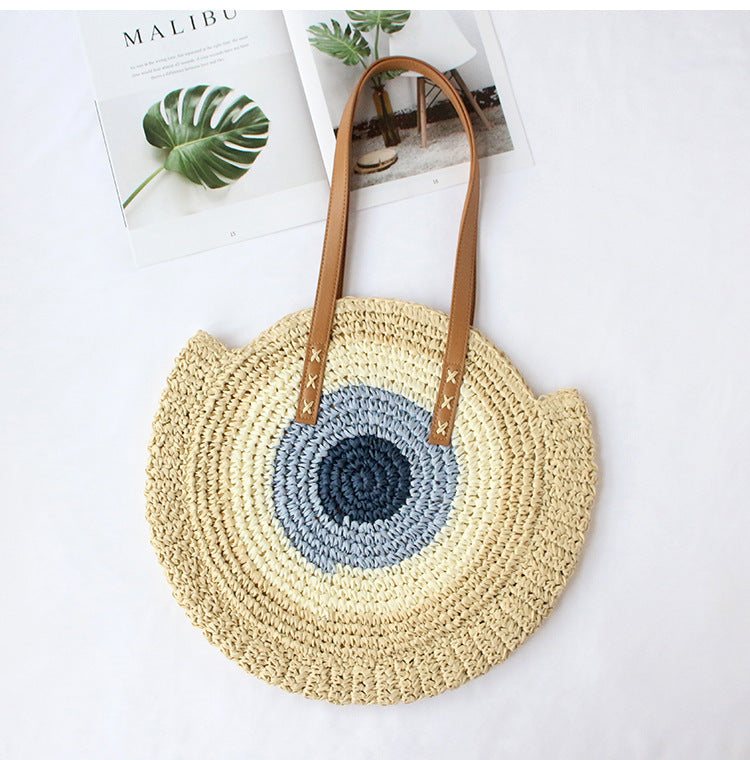 Straw Woven Bag New Shoulder Women's Bag Handmade Woven Straw Bag Beach Bag Color Contrast Fashion All-match Leisure Travel