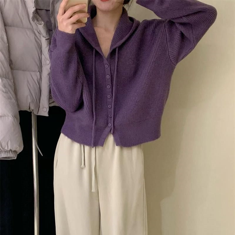 Gentle Style Hooded Knitted Cardigan Women's Elegant Top Loose Sweater Shawl Outer Single-Breasted Casual Sweatshirt