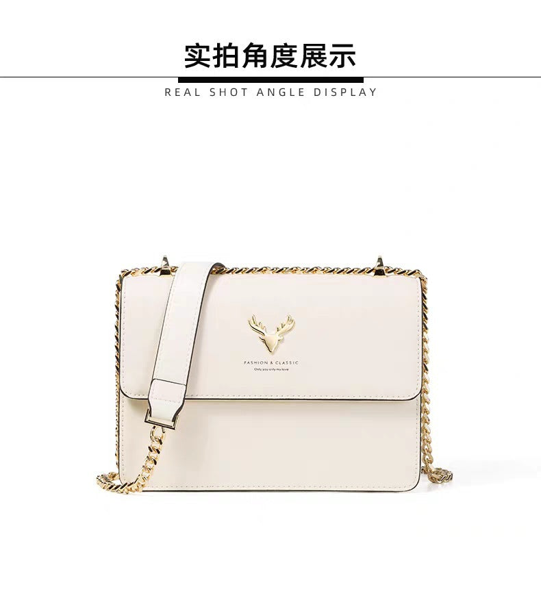 Genuine Leather Chain Small Square Bag 2026 New Model Niche Gift for Girlfriend Fashionable Versatile Deer Head Shoulder Crossbody Women's Bag