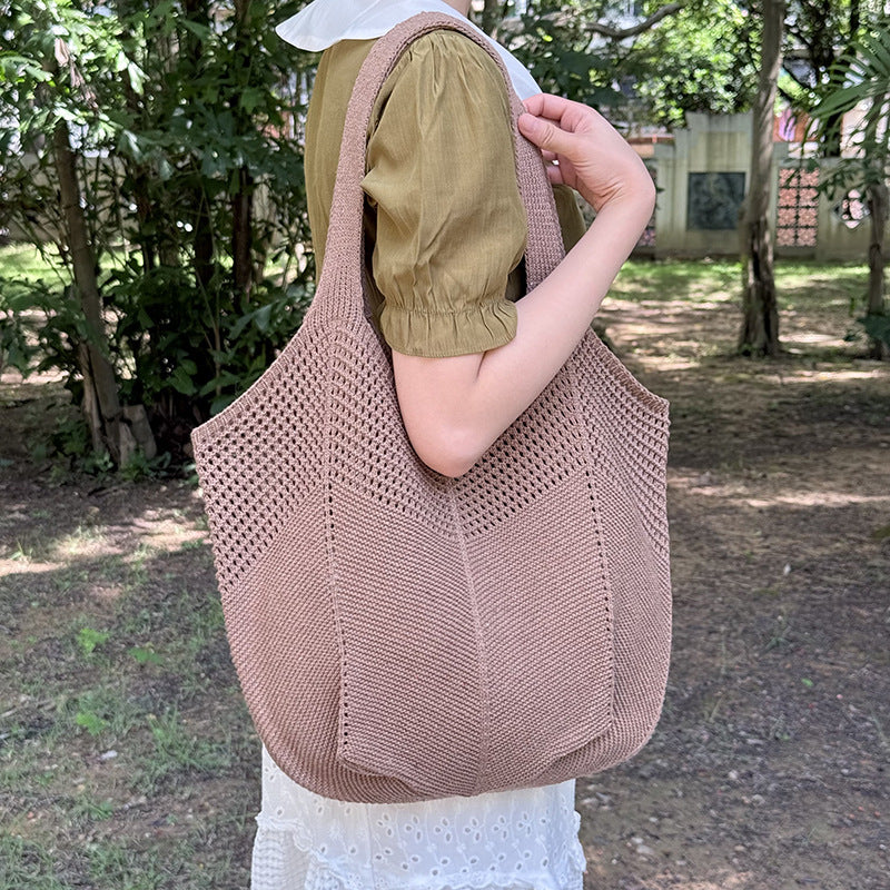 Summer Lazy Style Large-Capacity Hollow-Out Knit Bag for Women, Versatile and Stylish with a High-End Feel, Vacation Style