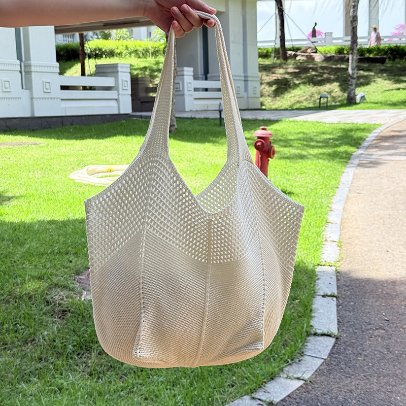 Summer Lazy Style Large-Capacity Hollow-Out Knit Bag for Women, Versatile and Stylish with a High-End Feel, Vacation Style