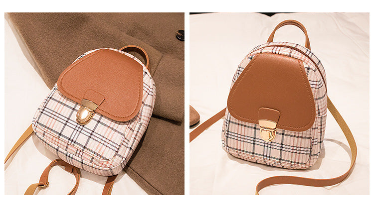 Small School Bag 2024 Korean Style Fashionable Small Backpack Satchel Shoulder Crossbody Bag Contrasting Color Mobile Phone Bag Pu Plaid Backpack