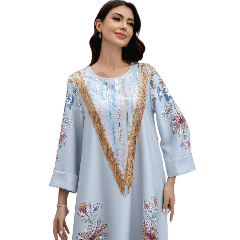 Sw0830 Middle Eastern Cross-Border Muslim Women's Long Robe Amazon Dubai European and American Printed Beaded Dress with Rhinestones