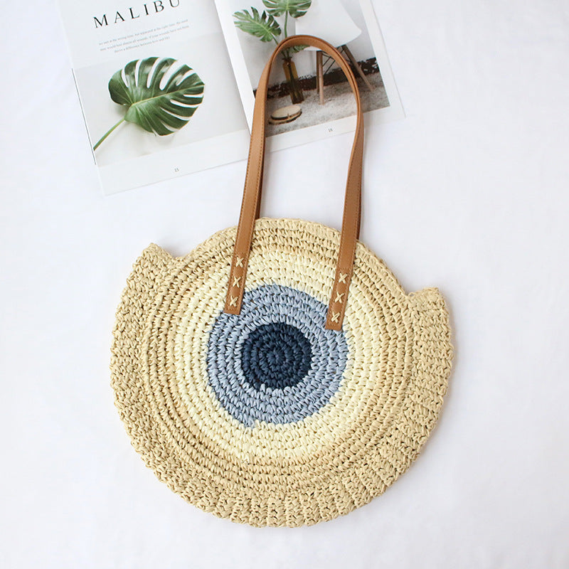 Straw Woven Bag New Shoulder Women's Bag Handmade Woven Straw Bag Beach Bag Color Contrast Fashion All-match Leisure Travel