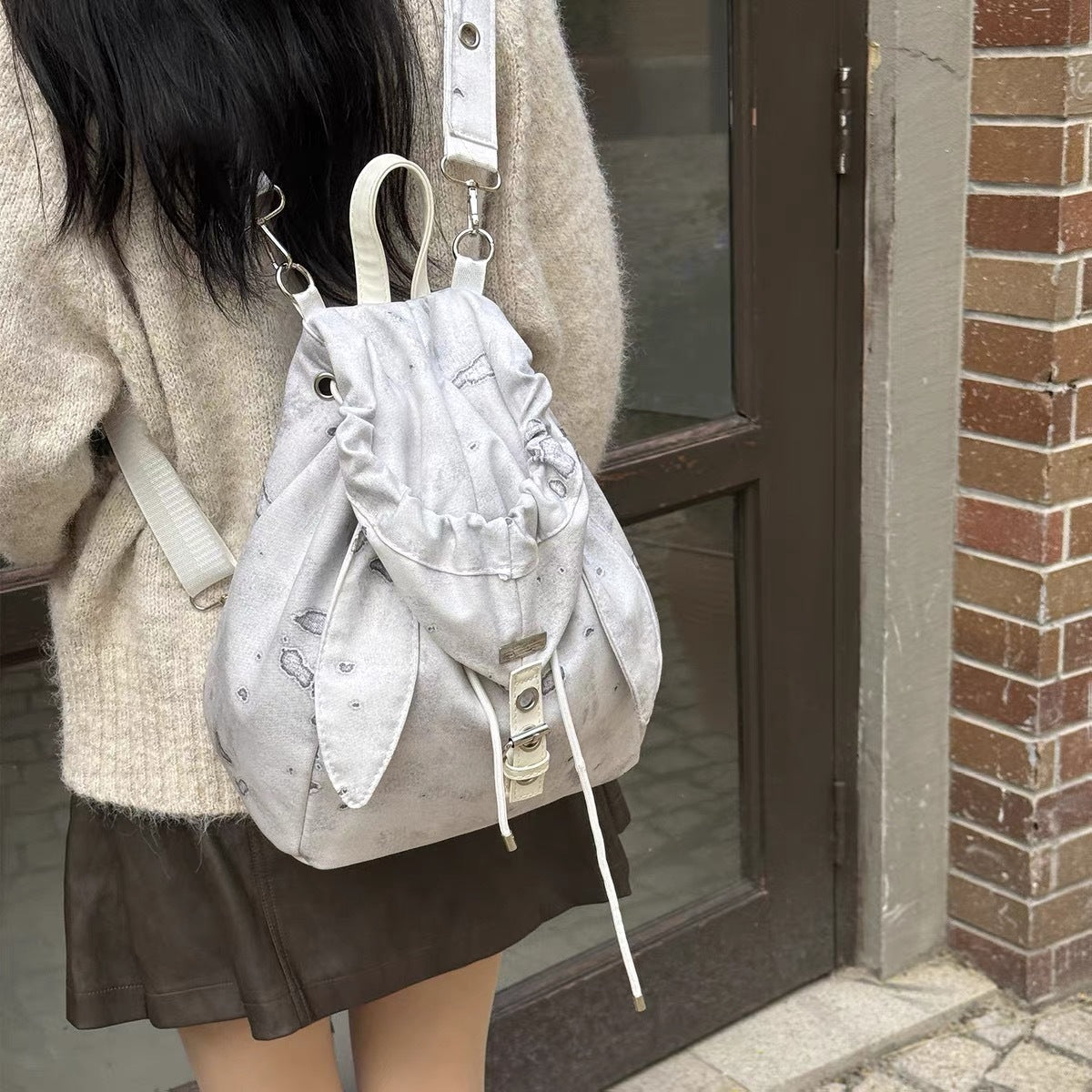 Retro Cute Rabbit Ears Backpack 2025 Niche Design Drawstring Casual Large Capacity Diagonal Backpack