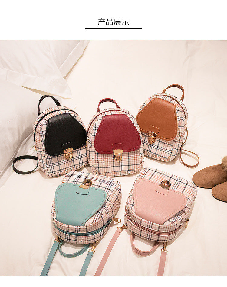 Small School Bag 2024 Korean Style Fashionable Small Backpack Satchel Shoulder Crossbody Bag Contrasting Color Mobile Phone Bag Pu Plaid Backpack