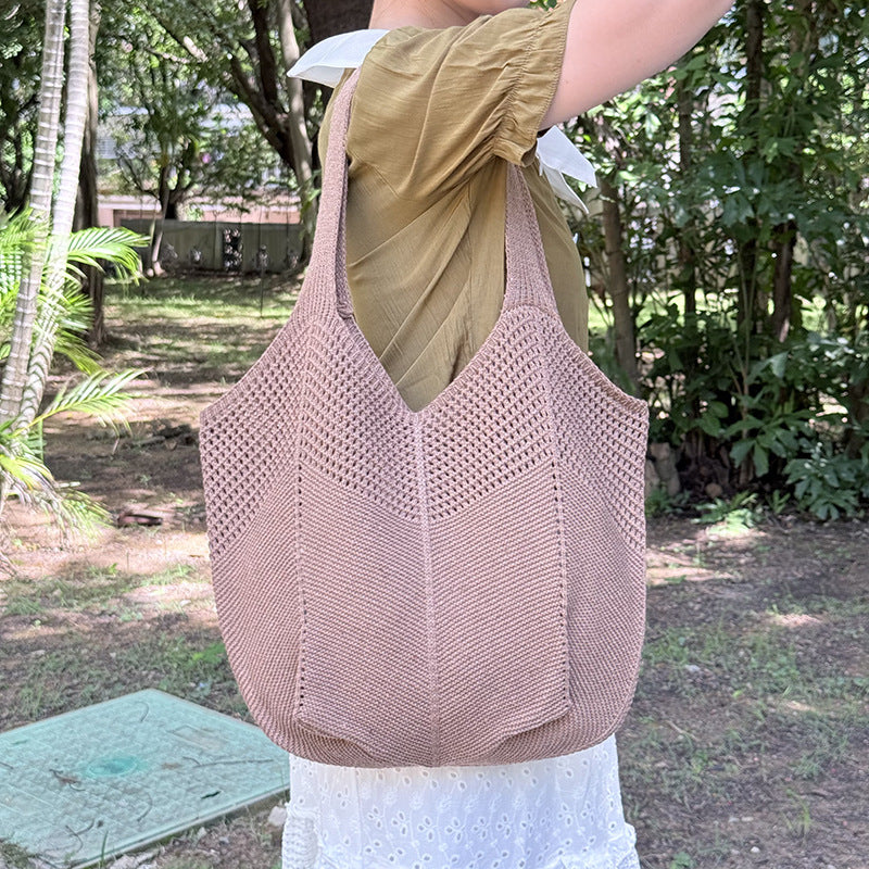 Summer Lazy Style Large-Capacity Hollow-Out Knit Bag for Women, Versatile and Stylish with a High-End Feel, Vacation Style