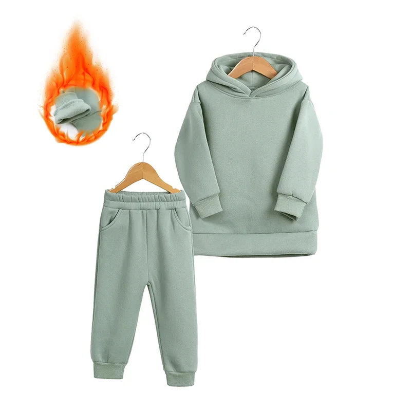 2026 Children Kids Fleece Winter Outfits Solid Cotton Hooded Sweatshirt+Pants Toddler Infant Suit Boy Girl Casual Warm Clothes