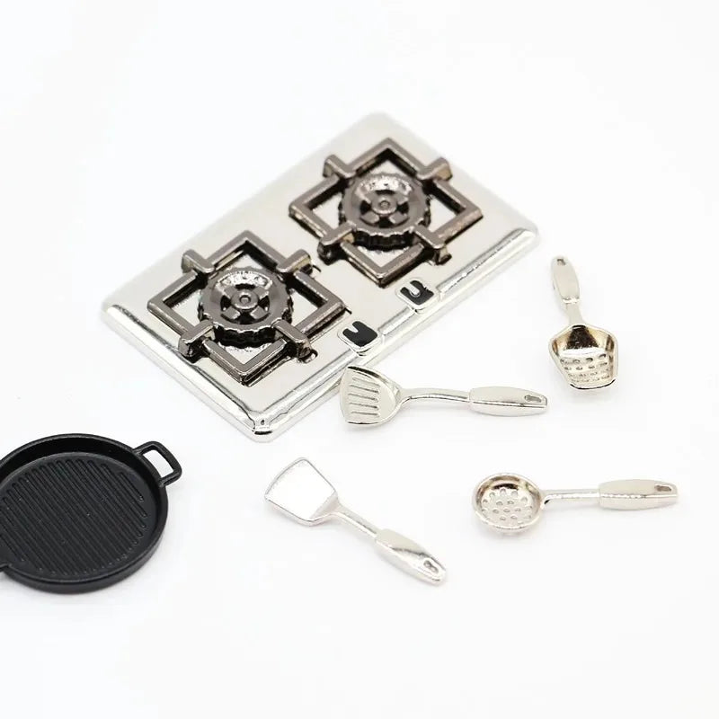 1:12 Dollhouse Miniatures Mini Kitchen Tableware Wooden Knife And Fork Metal Pot Set Doll House Toys Decor Accessories