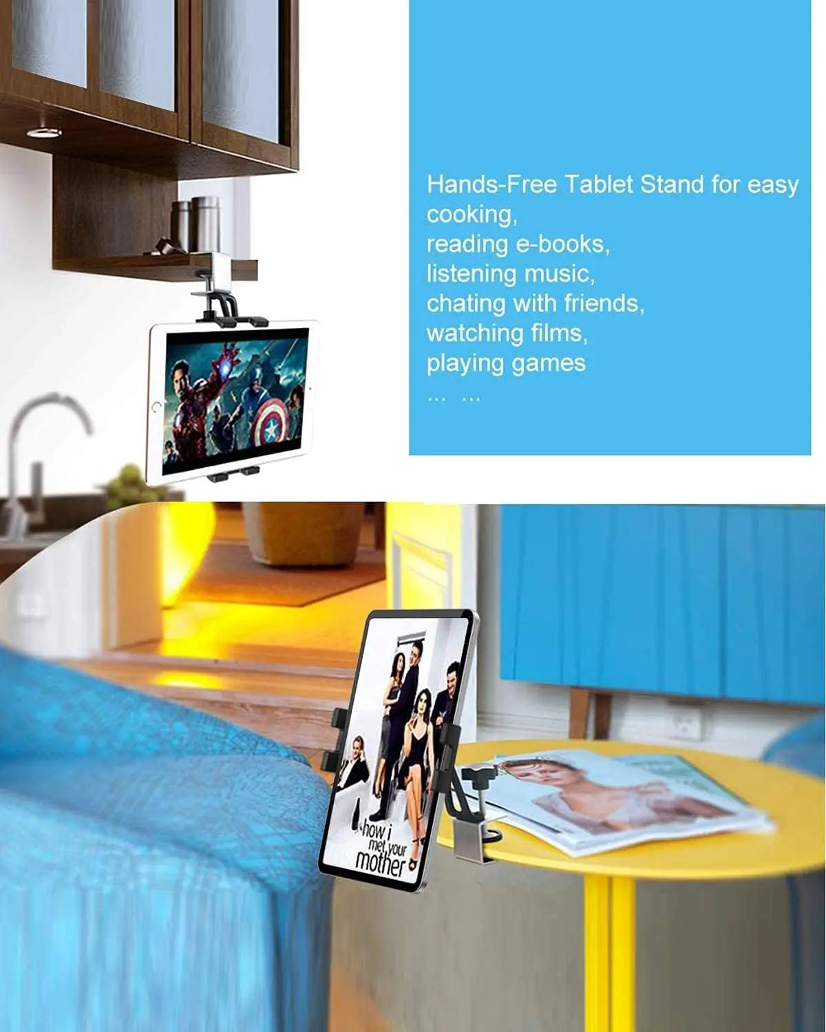 Kitchen Cabinet Tablet Mount Stand for 4-13'' Tablet & Phone Holder Stand Metal Tablets Cellphone Clamp Holder for IPad Air Pro