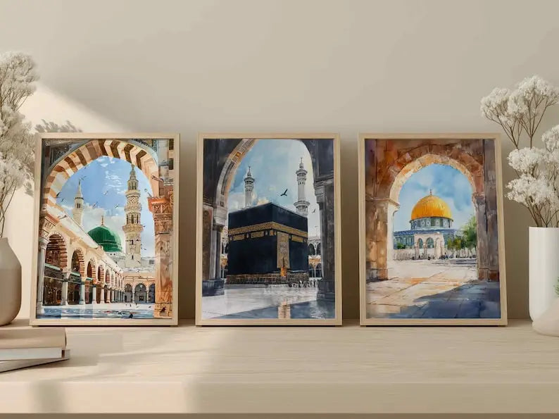 1/3pcs Islamic Mosque Architecture Watercolor Painting Canvas Print Muslim Arabic Calligraphy Wall Art Poster Modern Home Decor
