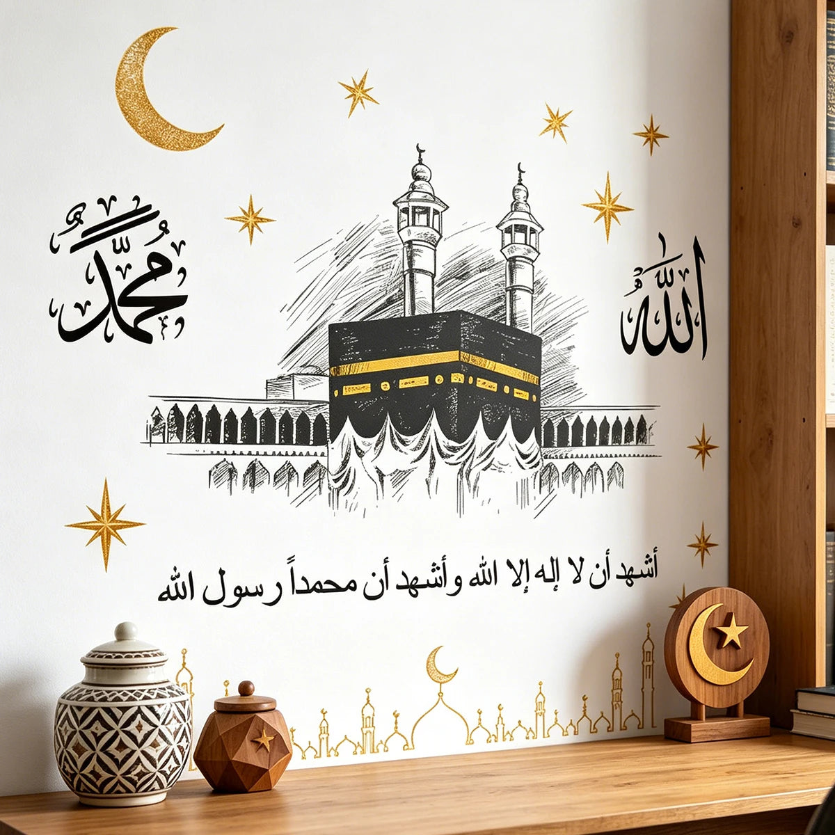 Kaaba Mecca Sketch Islamic Wall Decal, Shahada Kalima Wall Sticker with Allah Muhammad Calligraphy, Removable Muslim Home Decor