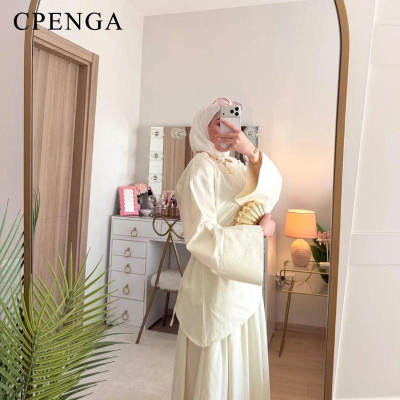 Elegant Muslim Women 2 Piece Abaya Set Ramadan Modest Summer Daily Turkey Top and Skirt Suit Islamic Casual Outfit for Eid