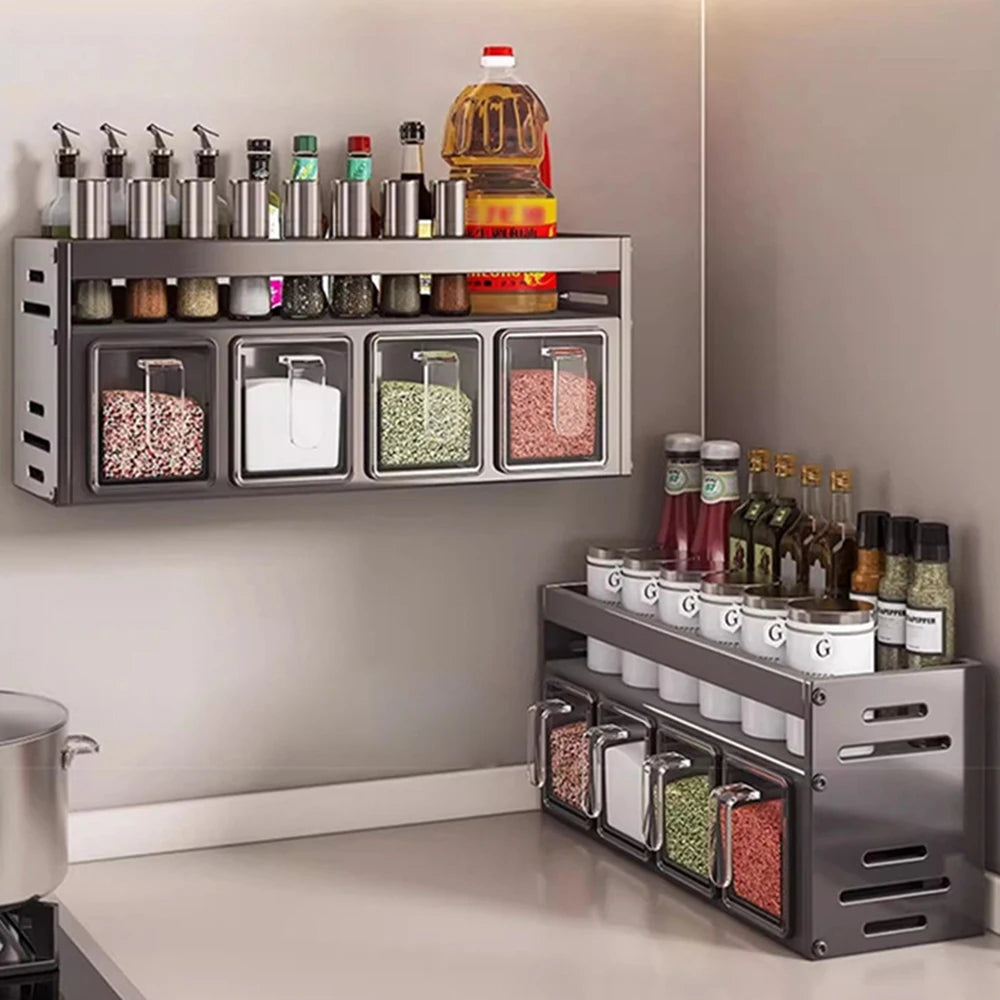 1 Equipped Kitchen Seasoning Shelf, No Drilling, Wall Hanging, Countertops, Cabinets, Multi-Functional Seasoning Storage Shelf