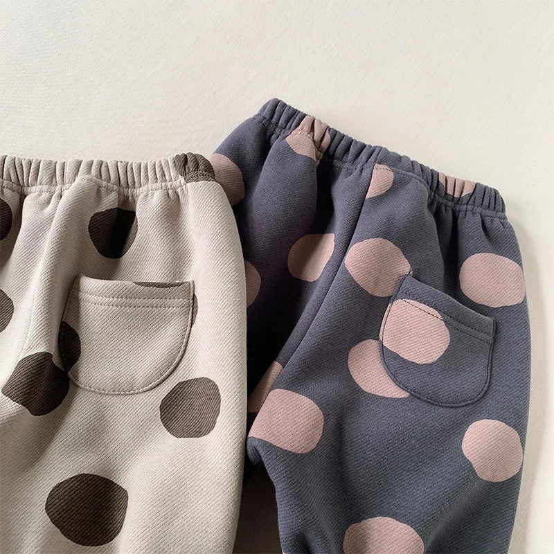2025 New Winter Children Dot Print Trousers Plus Velvet Thick Girls Harem Pants Baby Boys Fleece Casual Pants Kids Clothes