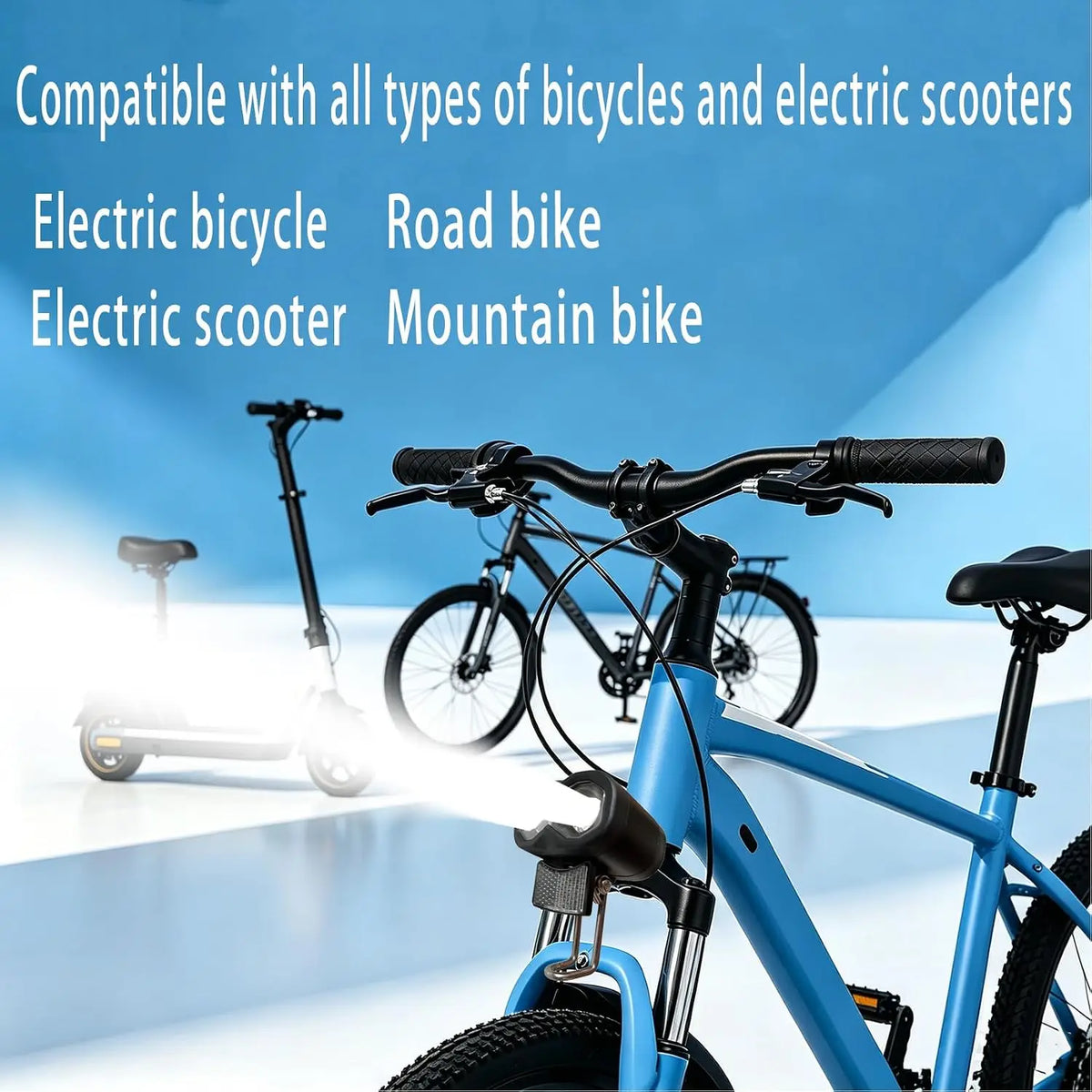 12V-60V universal ebike headlight with horn, IPX4 waterproof, 115Lux low beam, 2/3-pin plug, riser mount for e-bikes & scooters