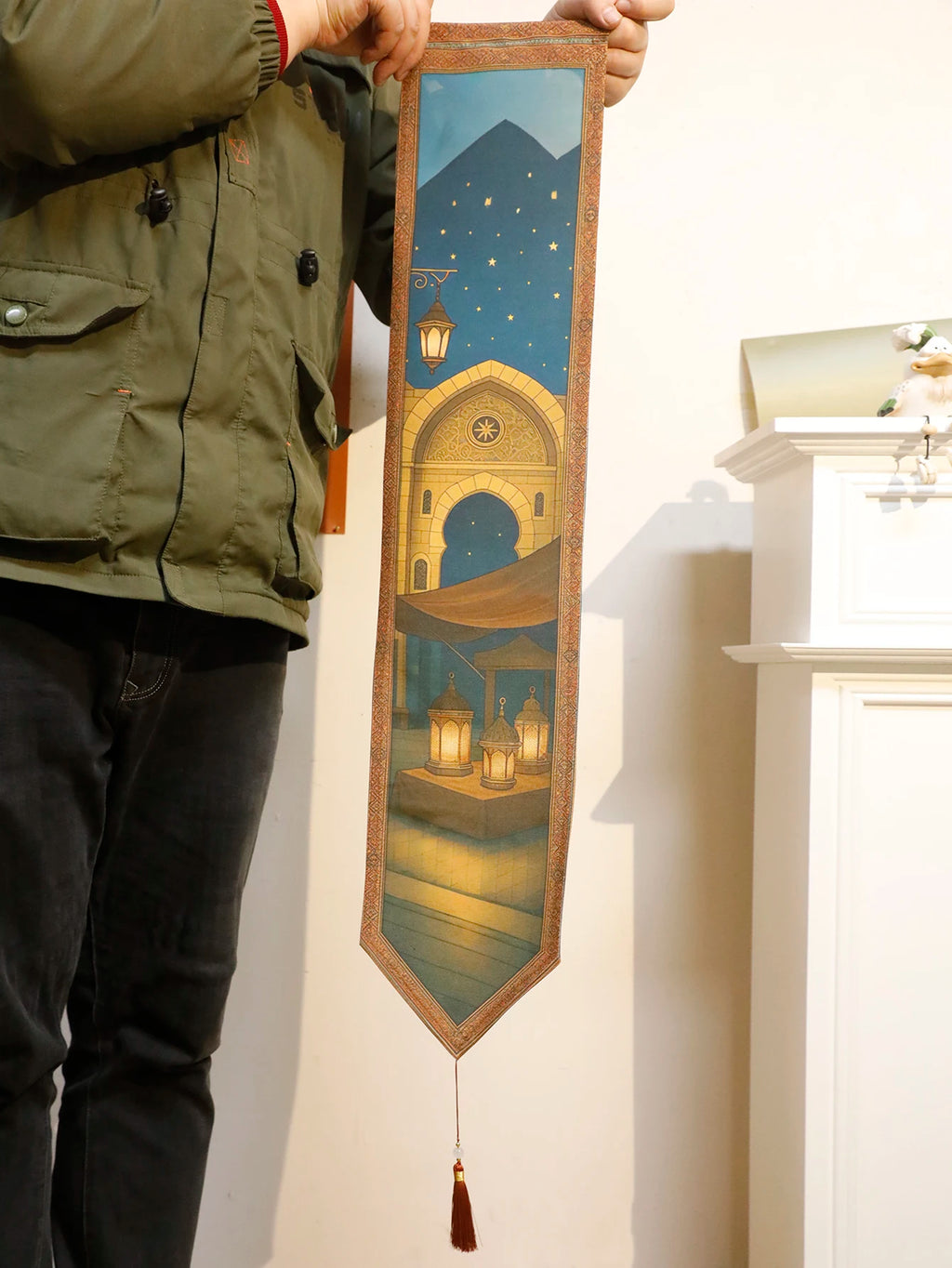 Islamic Ramadan Wall Banner Moon Lantern Mosque Tapestry for Eid Mubarak Kareem Muslim Festival Home Decor Hanging Ornament Gift