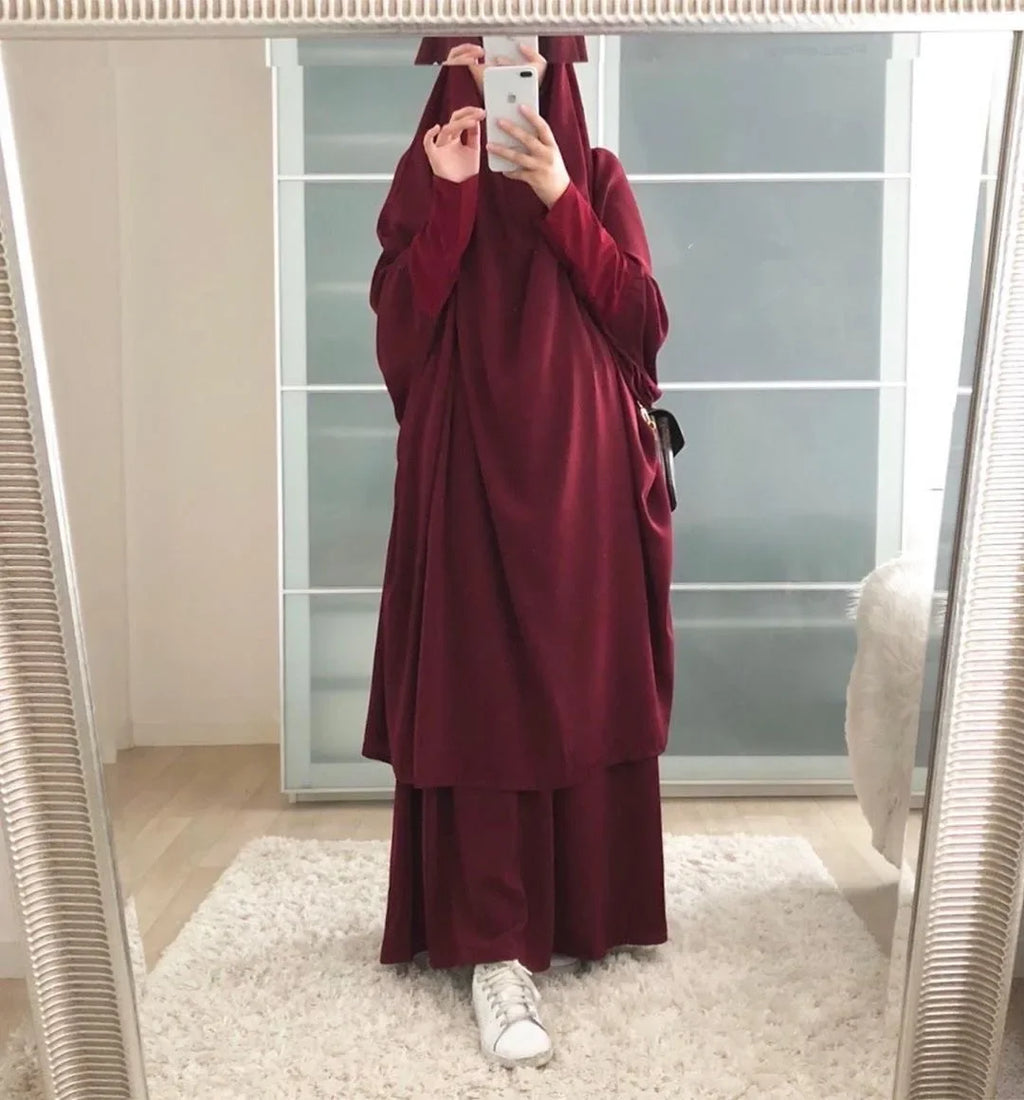 Eid Women Long Khimar 2 Piece Set Prayer Garment Djellaba  Abaya Muslim Ramadan Gown Dubai Arab Islamic Niqab Burka Jubah Jilbab