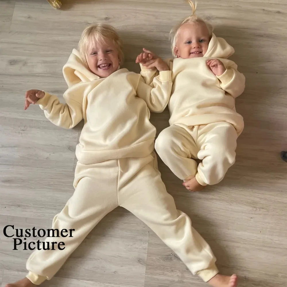 2026 Children Kids Fleece Winter Outfits Solid Cotton Hooded Sweatshirt+Pants Toddler Infant Suit Boy Girl Casual Warm Clothes