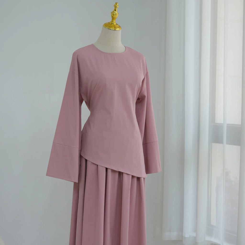 Elegant Muslim Women 2 Piece Abaya Set Ramadan Modest Summer Daily Turkey Top and Skirt Suit Islamic Casual Outfit for Eid