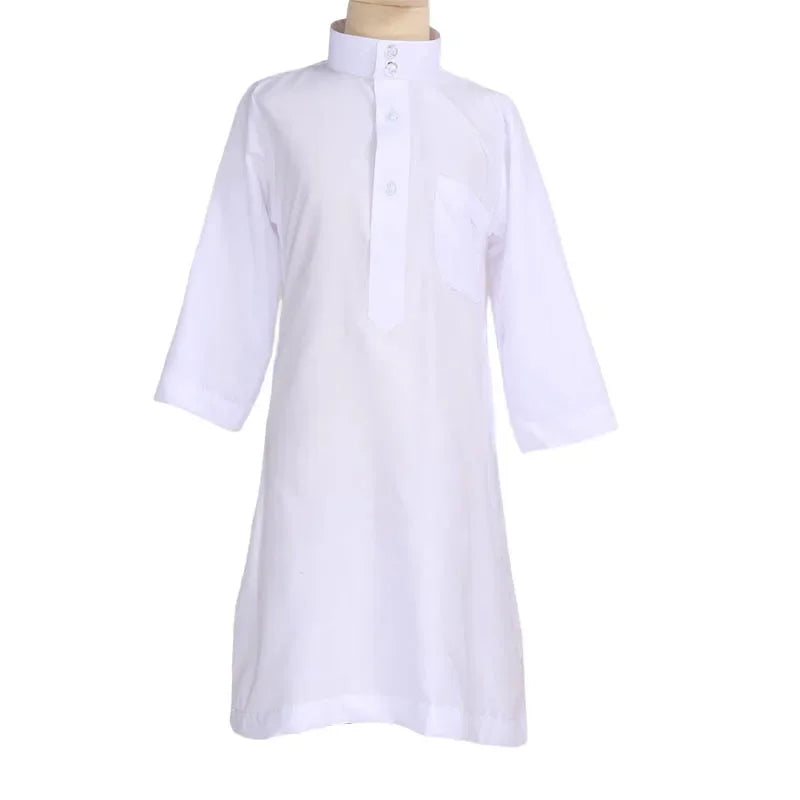New Islamic Kaftan Children Jubba Thobe Muslim Boys Abaya Kids Burqas White Arab Stand Collar Long Sleeved Robe Muslim Fashion