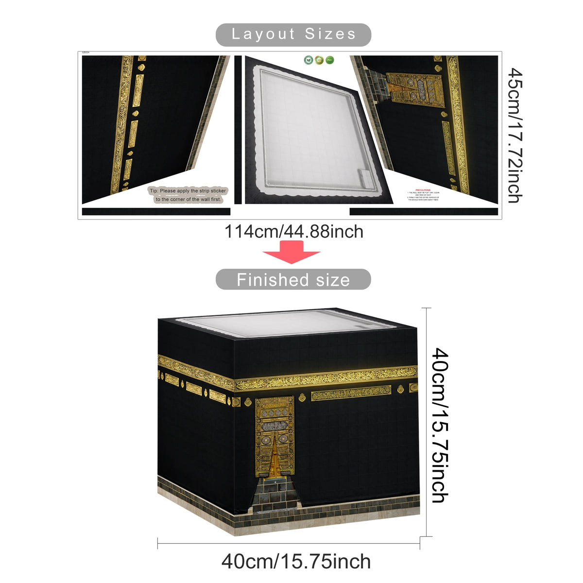 Islamic Kaaba 2D Corner Wall Sticker, 3Pcs Premium PVC Peel & Stick Removable, Waterproof & Durable Muslim Home Decor for Ramada