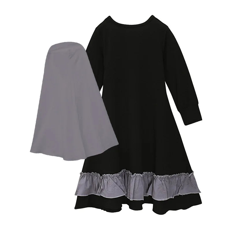 Muslim Ramadan 2Pcs Islamic Girls Modest Prayer Gown Long Sleeve Dress Hijab Arabic Kids Abayas Dubai Kaftan Robe with Headscarf