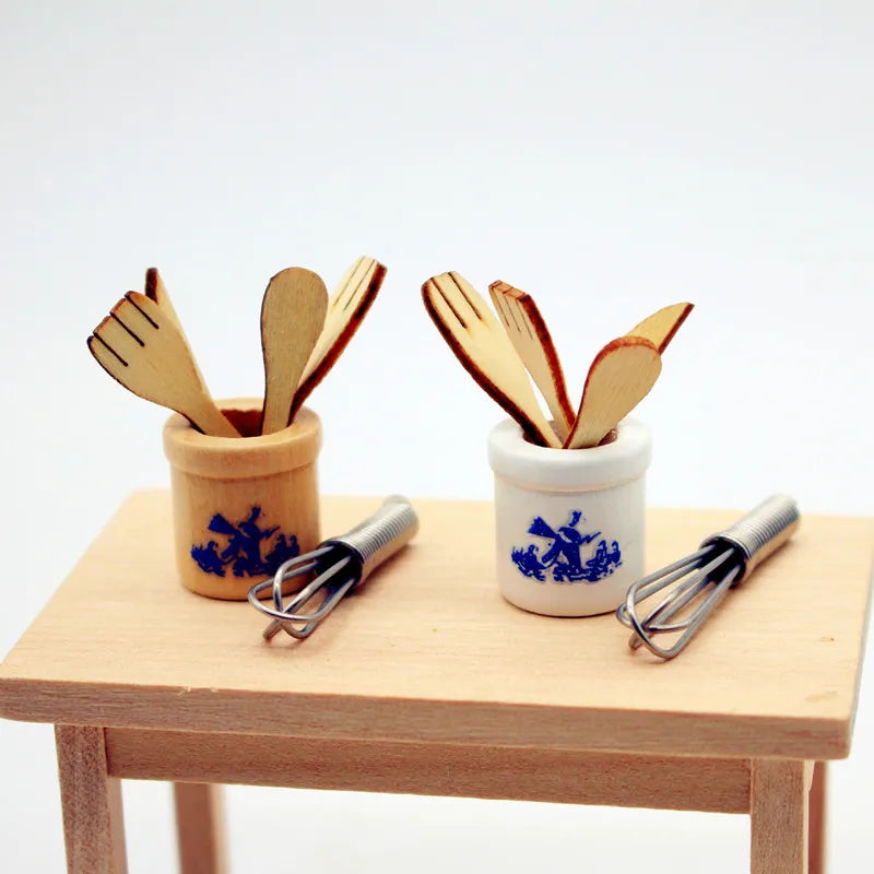 2026 New Miniature Dollhouse Kitchen Tools Set Wooden Spatula Knife Fork Egg Beater Jar Home Decor Photography Props Mini Toys