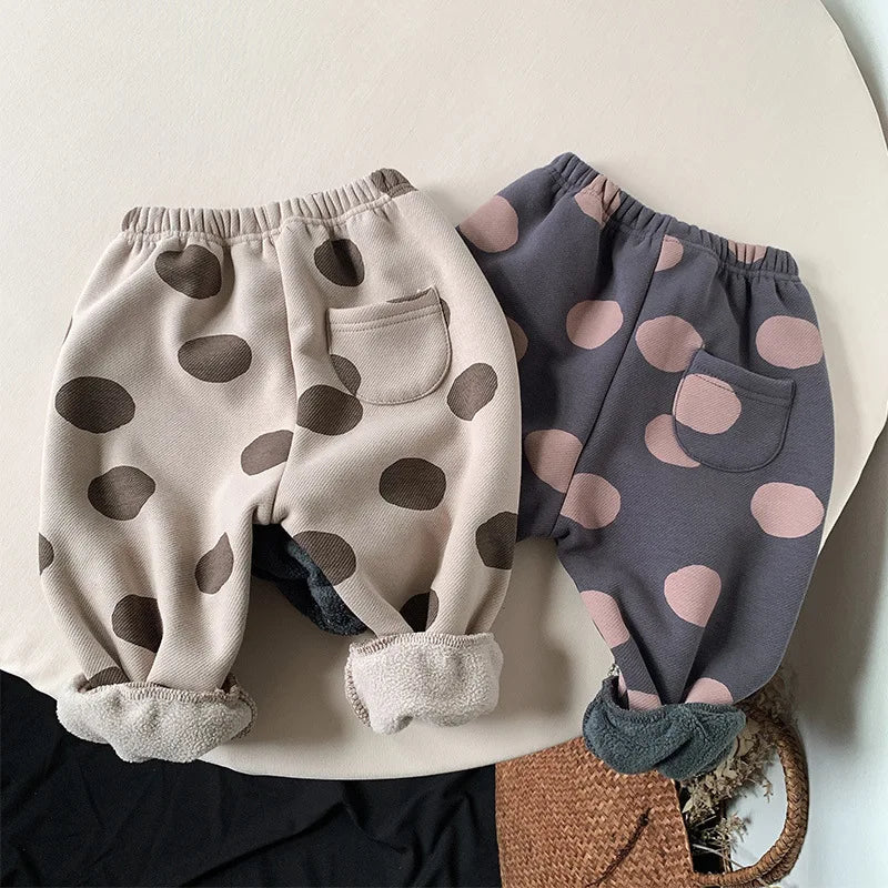 2025 New Winter Children Dot Print Trousers Plus Velvet Thick Girls Harem Pants Baby Boys Fleece Casual Pants Kids Clothes