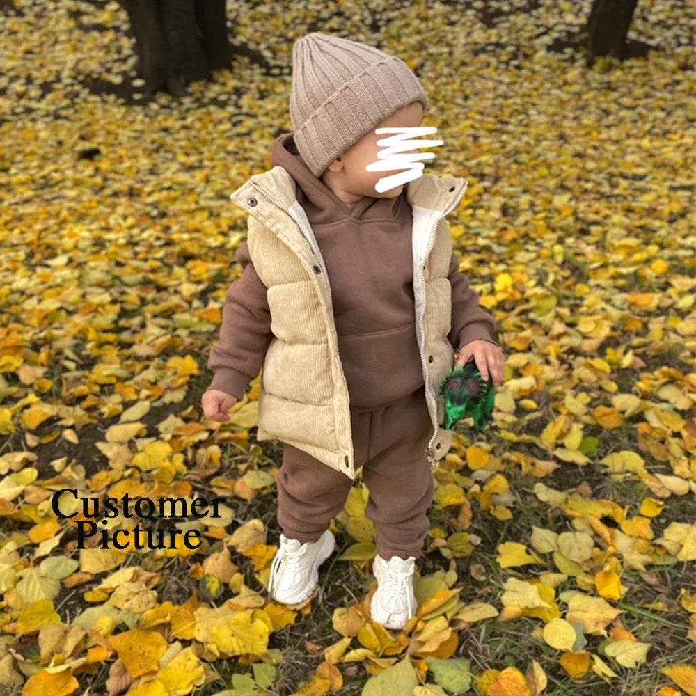 2026 Children Kids Fleece Winter Outfits Solid Cotton Hooded Sweatshirt+Pants Toddler Infant Suit Boy Girl Casual Warm Clothes